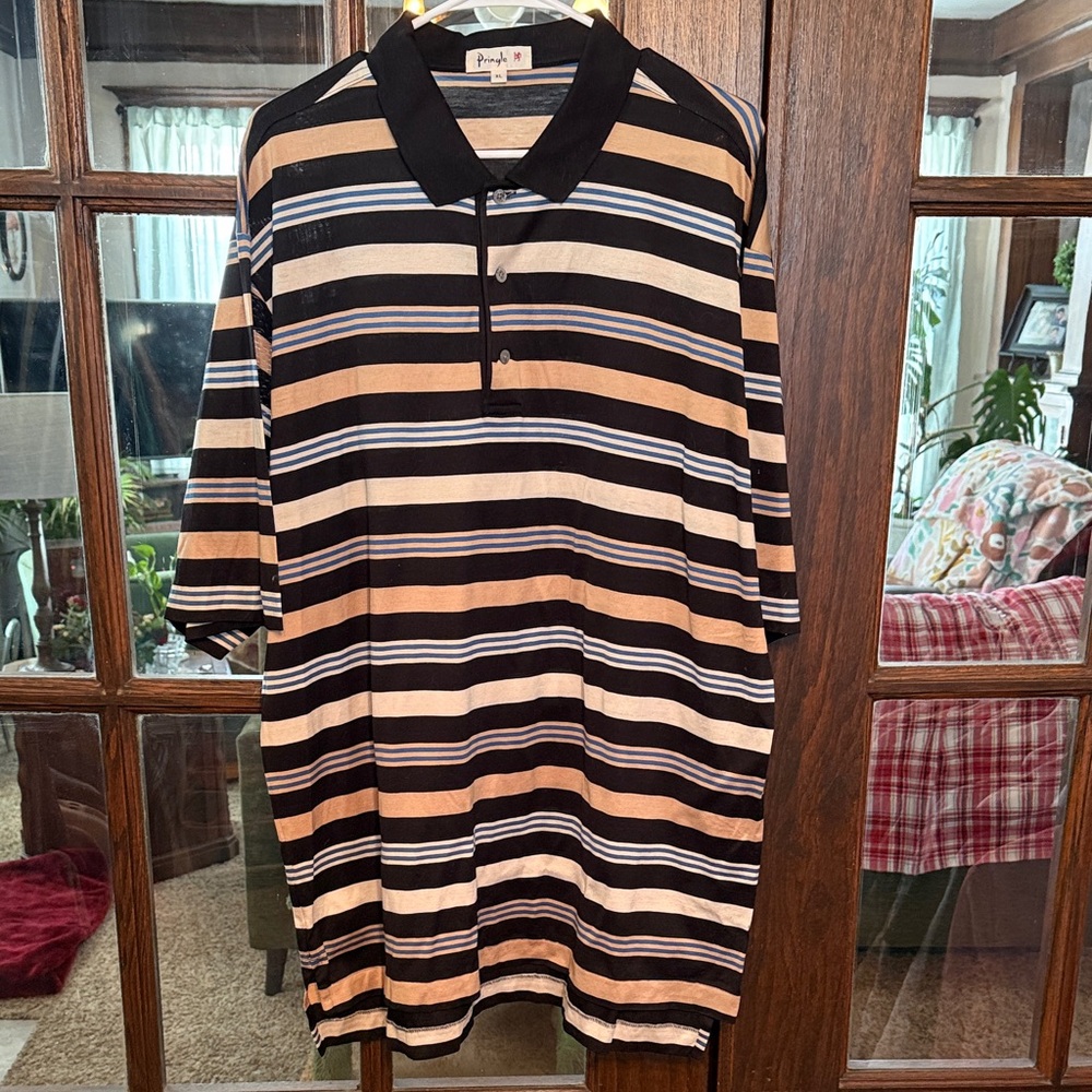 Pringle Mens XL Polo Shirt Short Sleeve Striped Black‎ Tan Blue Knit Logo Golf